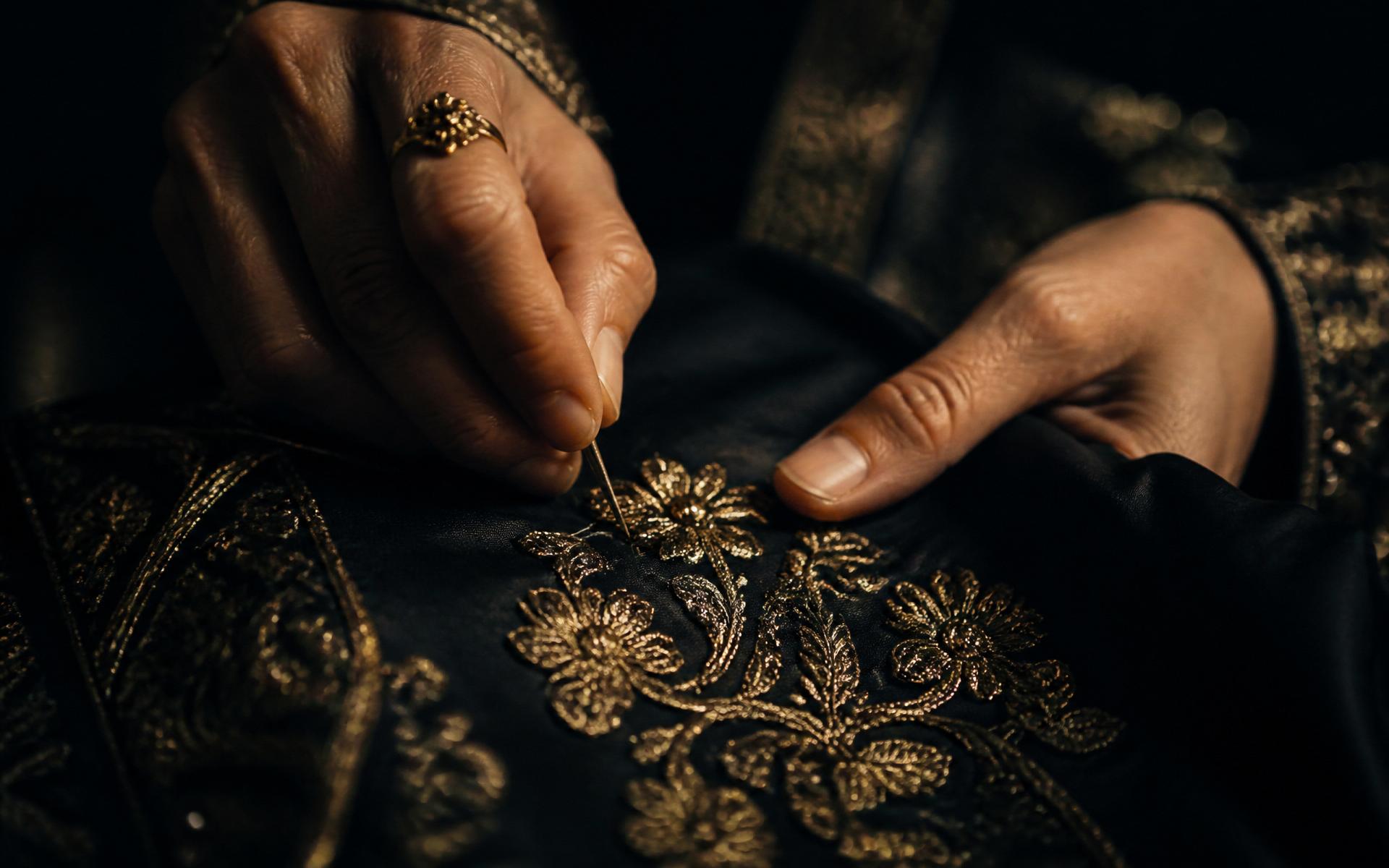 Hands doing gold hand embroidery on charcoal silk
